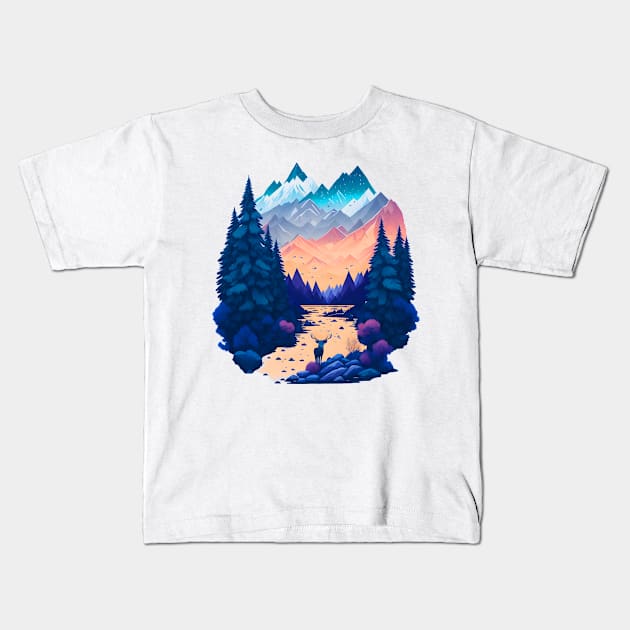 Colorful Pastel Mountain Landscape Kids T-Shirt by ArtMichalS